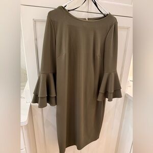 Calvin Klein Olive Green Long Sleeve shift Dress bell sleeves